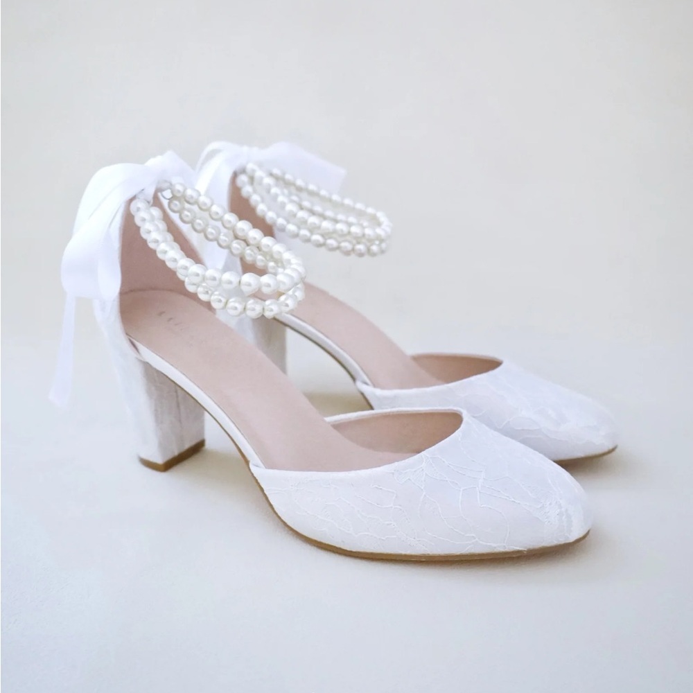 New - Lace Block Heel with Double Pearls Ankle Strap by Kailee P